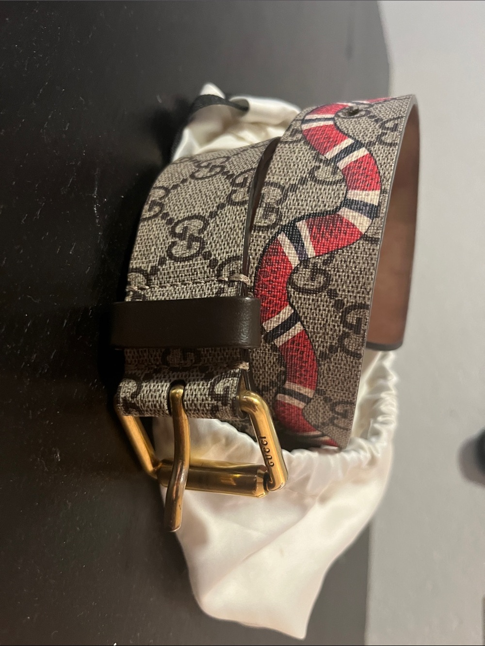 Gucci Beige Monogram Belt with Red and White Snake Motif